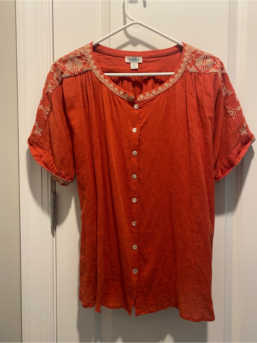 Sundance Button Up Short Sleeve Cotton Embroidered Orange Top SZ XL Pretty